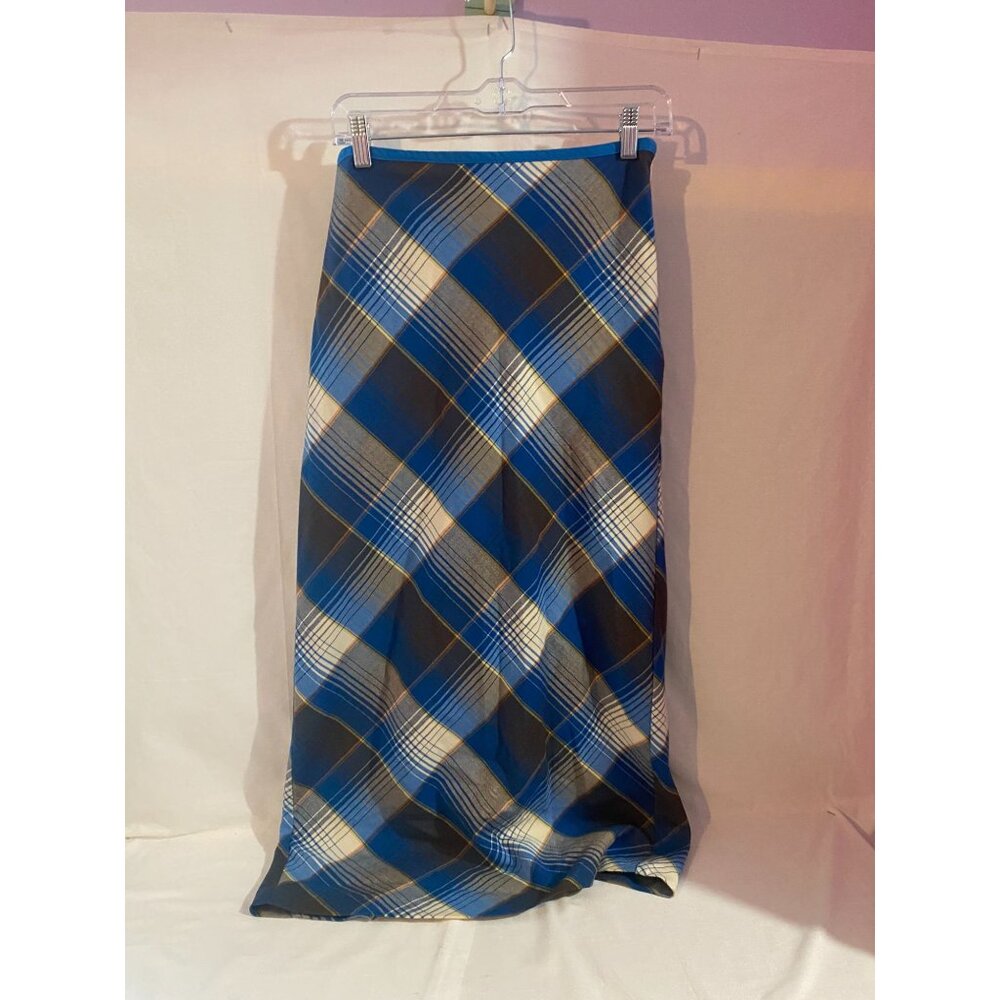 Urban Outfitters Blue Plaid Maxi Skirt Womens Small High Waist Bias Cut Longline